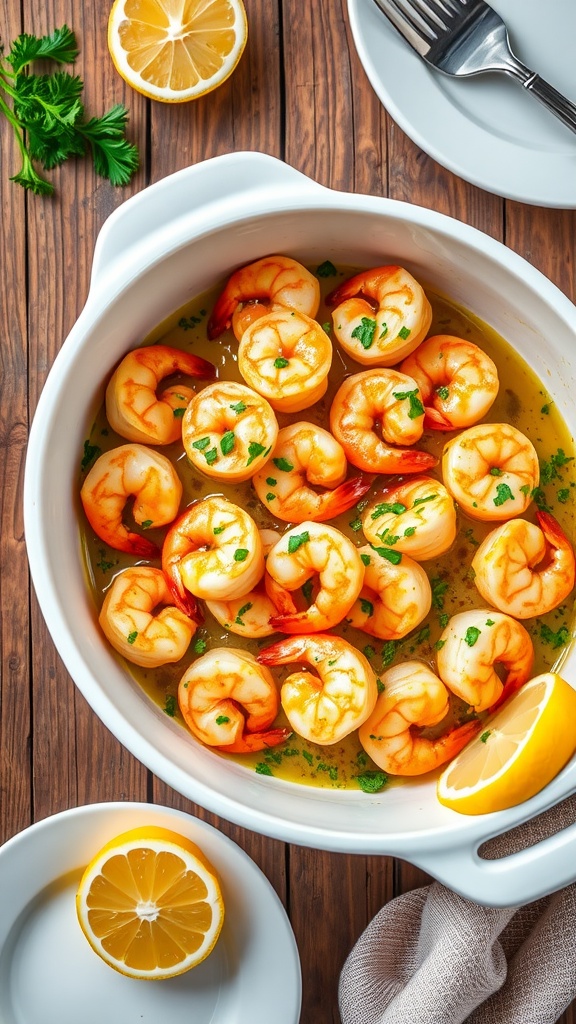 A baking dish filled with garlic butter shrimp, garnished with parsley and lemon wedges.